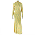 Retro Home Women Slim Fit Printed Hip Dress Pleated Turtleneck Long Sleeve Dress