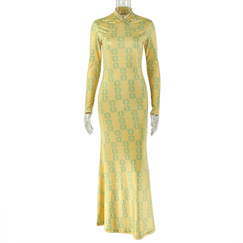 Retro Home Women Slim Fit Printed Hip Dress Pleated Turtleneck Long Sleeve Dress
