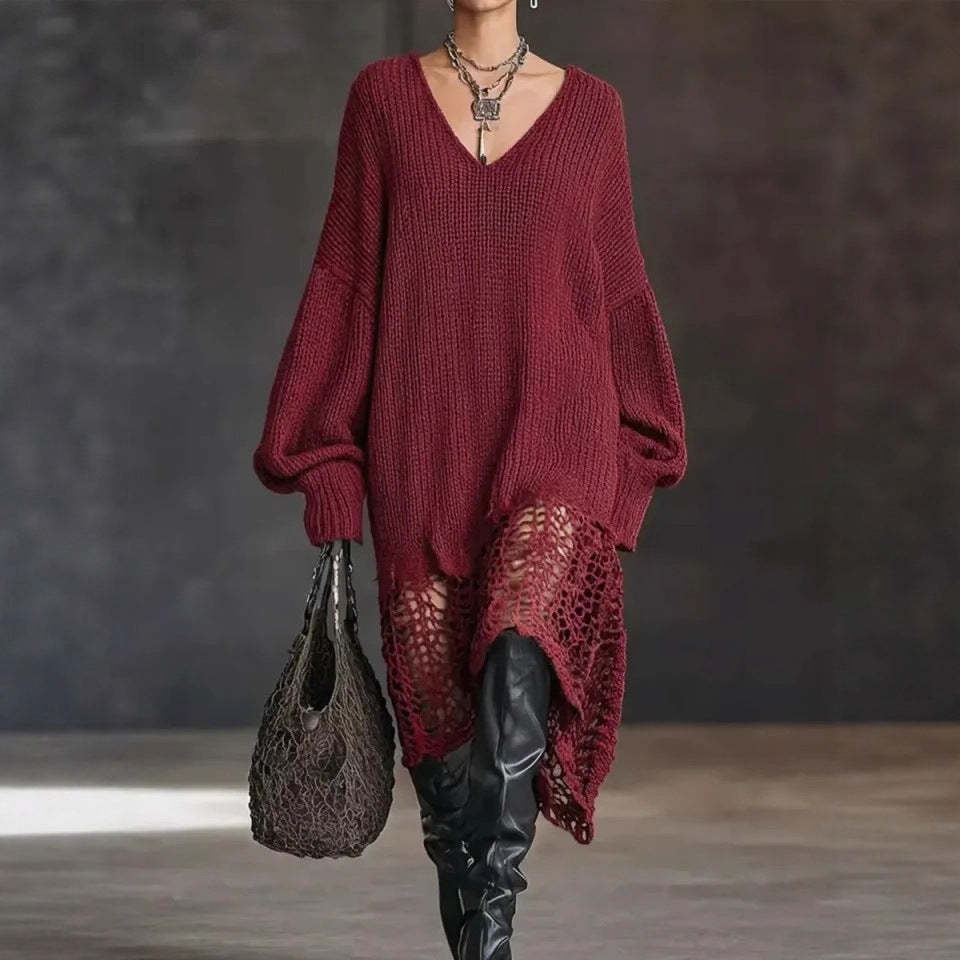 V neck Knitted Dress Irregular Asymmetric Hem Hollow Out Cutout out Loose Dress