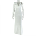 Women Clothing Pleated Solid Color Slim Fit One Step Hip Dress Swing Collar Long Sleeve One Shoulder Maxi Dress