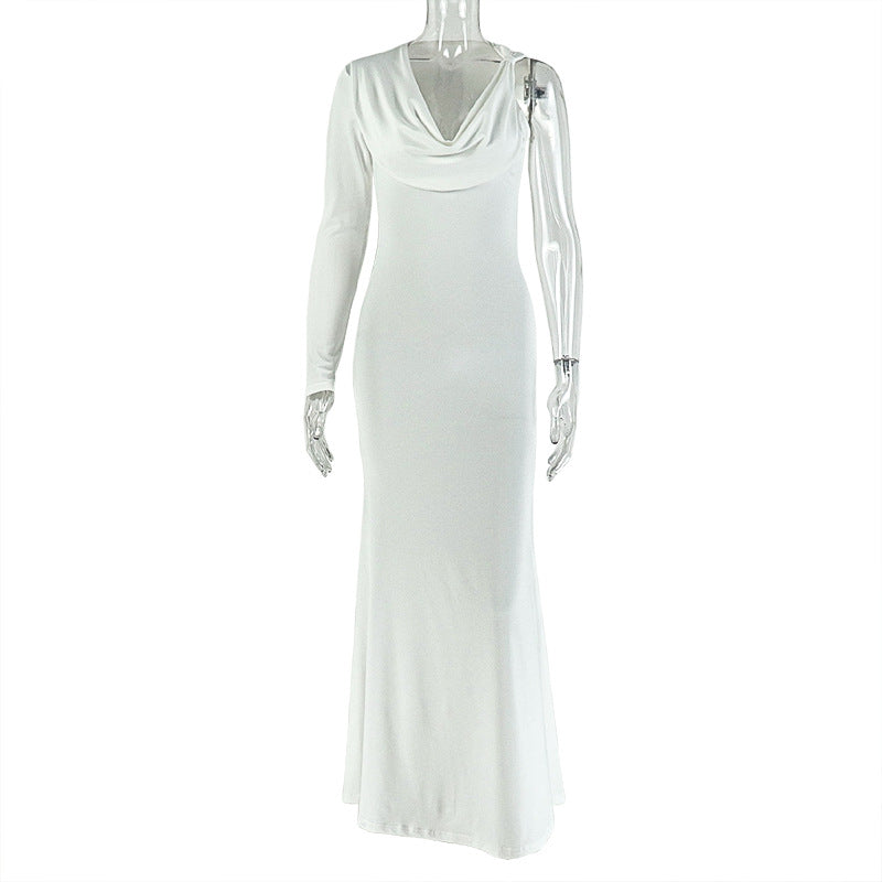 Women Clothing Pleated Solid Color Slim Fit One Step Hip Dress Swing Collar Long Sleeve One Shoulder Maxi Dress