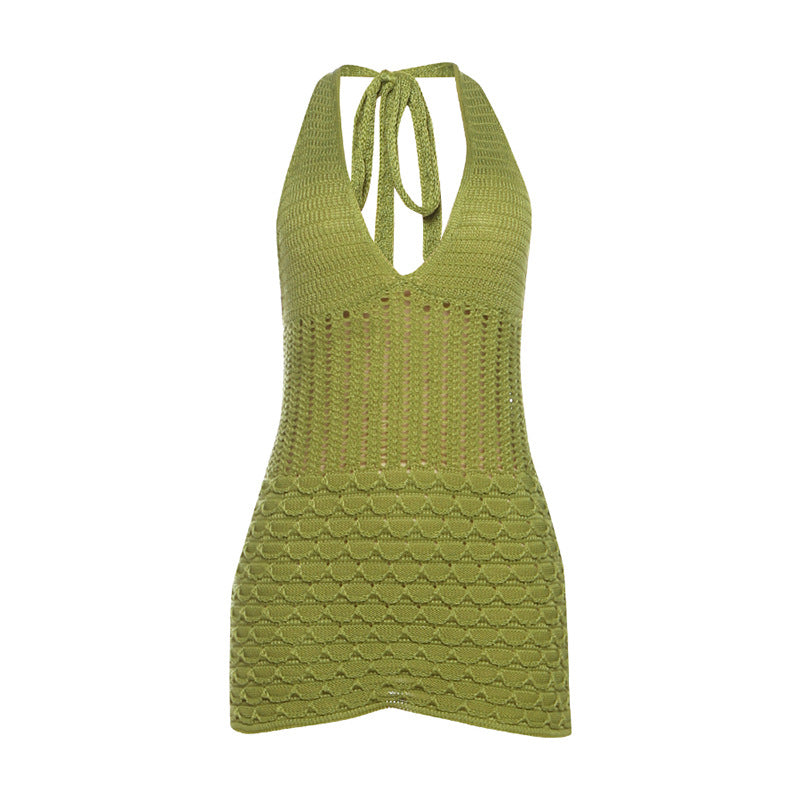Women Clothing Summer Sexy V neck Halter Hollow Out Cutout Slim Fit Backless Knitted Dress