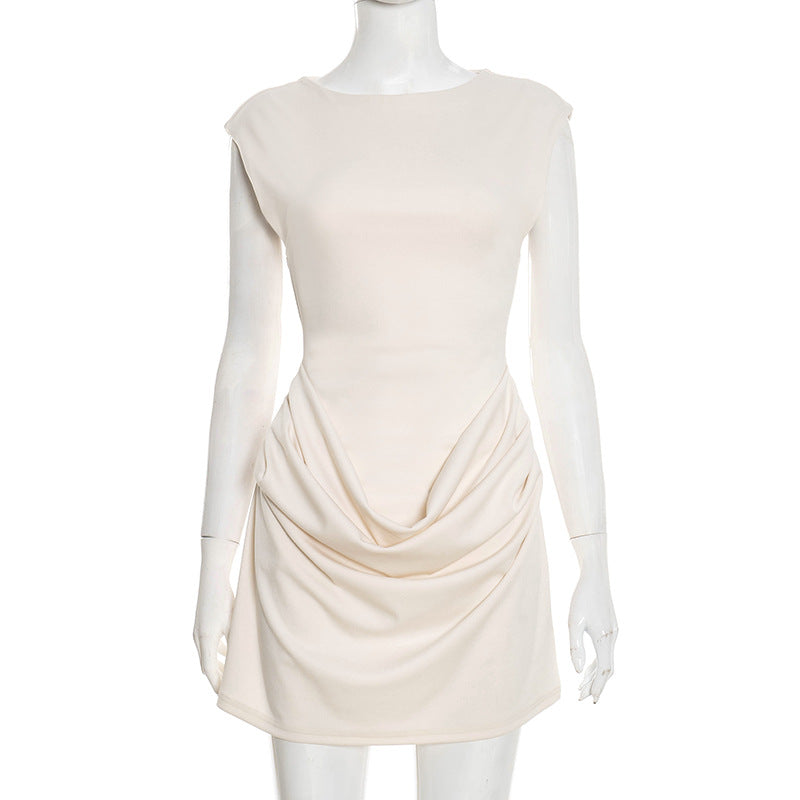 Women Clothing Spring Solid Color Slim round Neck Drop Shoulder Sleeveless Stitching Pinch Pleated Short Dress