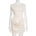 Women Clothing Spring Solid Color Slim round Neck Drop Shoulder Sleeveless Stitching Pinch Pleated Short Dress