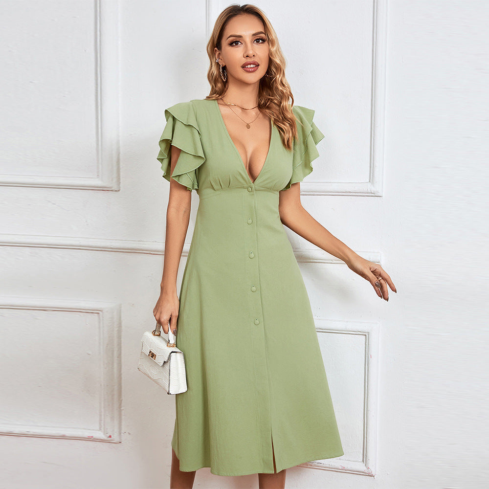 Spring Summer Women Clothing V neck Sexy Backless A line Midi Dress
