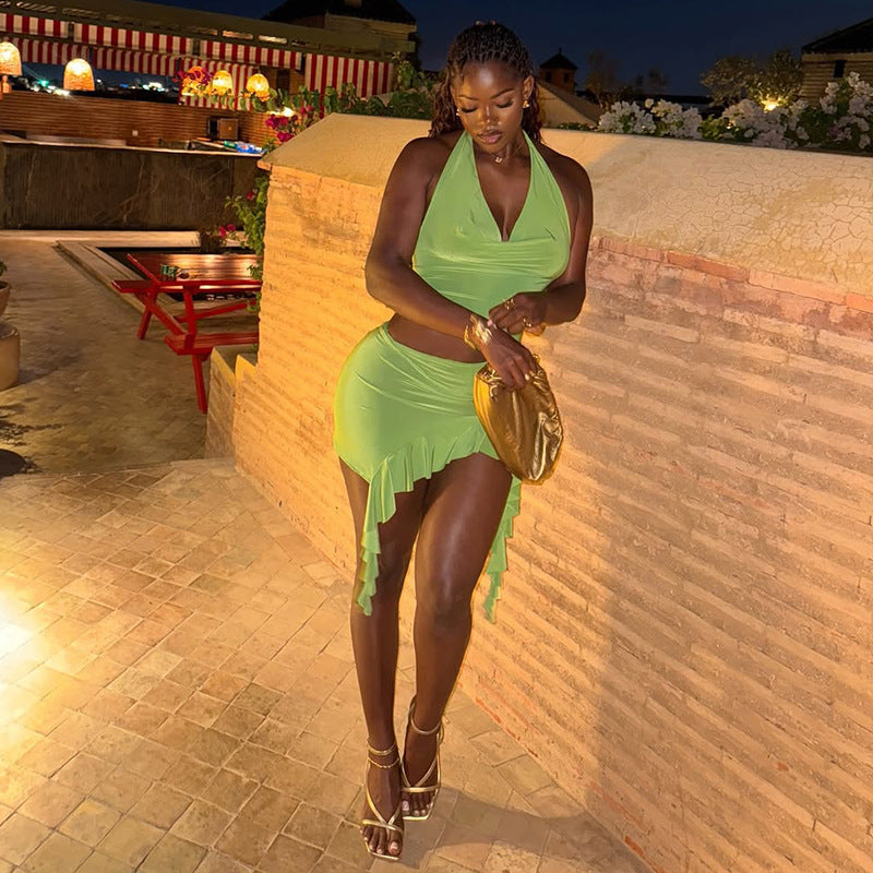 Solid Color Women Clothing Metal Ring Flounce Peplum Hip Wrapped Dress Pleated V neck Halter Dress