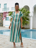 Lace Vertical Stripe Beach Blouse Sexy Hollow Out Cutout Loose Robe Sun Protection Shirt Beach Cover Up