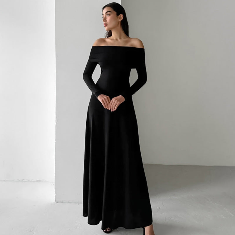 French Brushed Knitted Off Neck Slim Fit High Waist Pullover Dress Autumn Dress