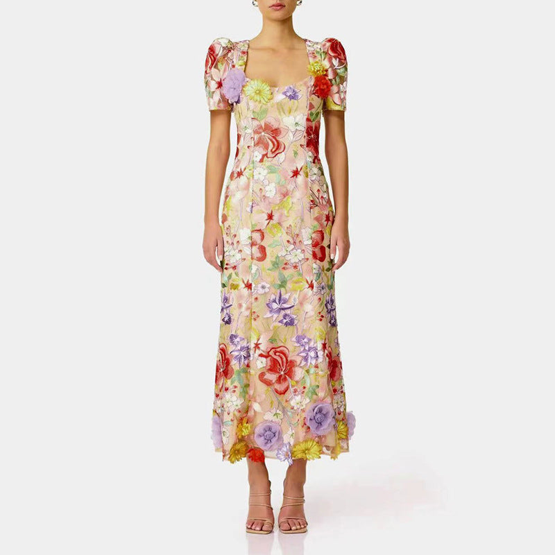 Light Luxury Three Dimensional Floral Embroidered Dress Women Autumn Square Collar Puff Sleeve Cocktail Dress