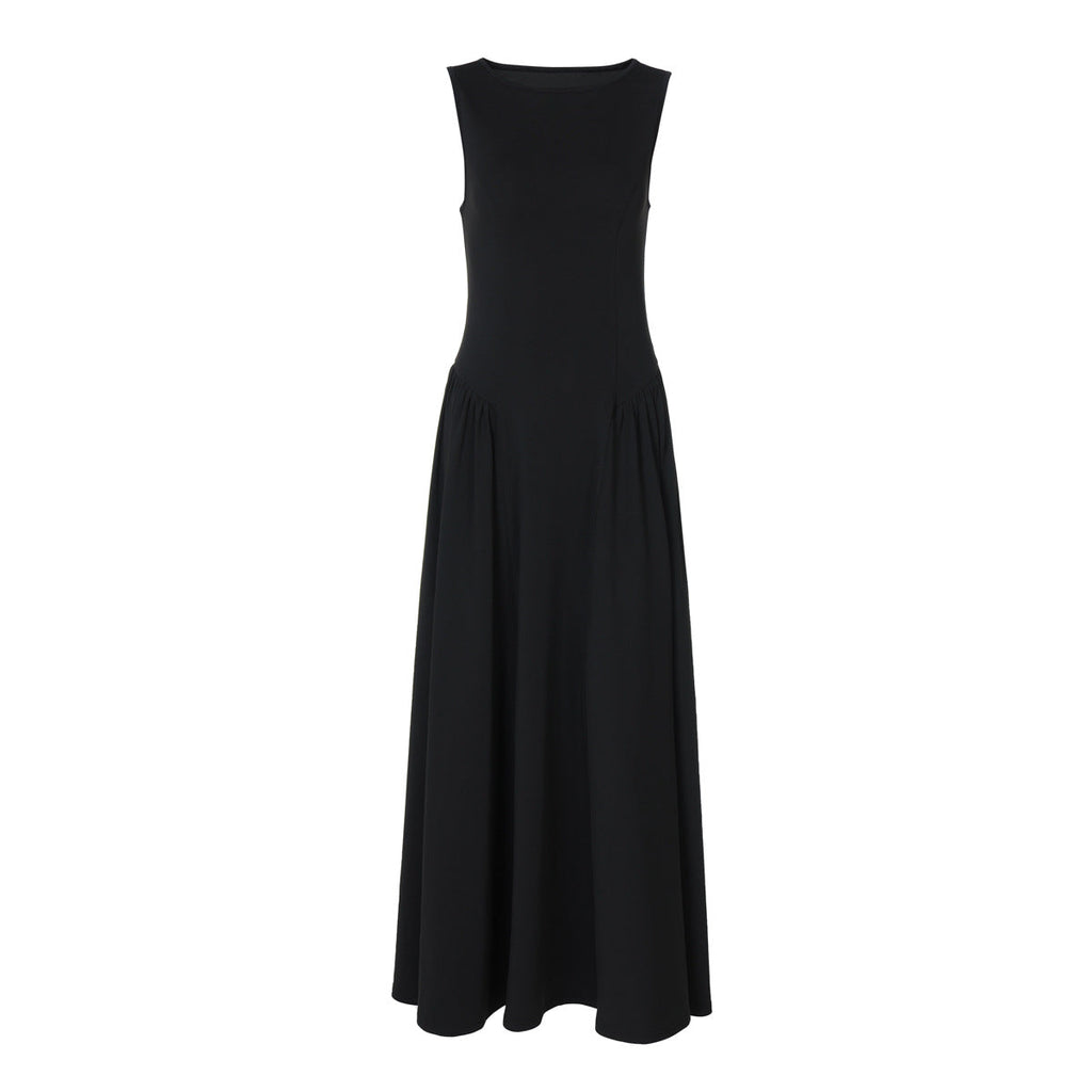 Women Clothing Autumn Solid Color round Neck Sleeveless Pleated Large Swing Dress Fashionable Elegant Dress