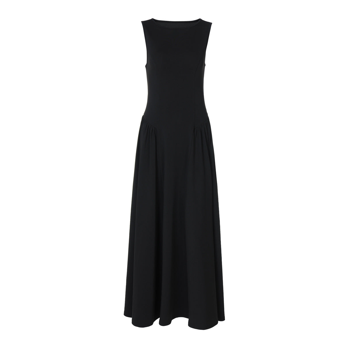 Women Clothing Autumn Solid Color round Neck Sleeveless Pleated Large Swing Dress Fashionable Elegant Dress