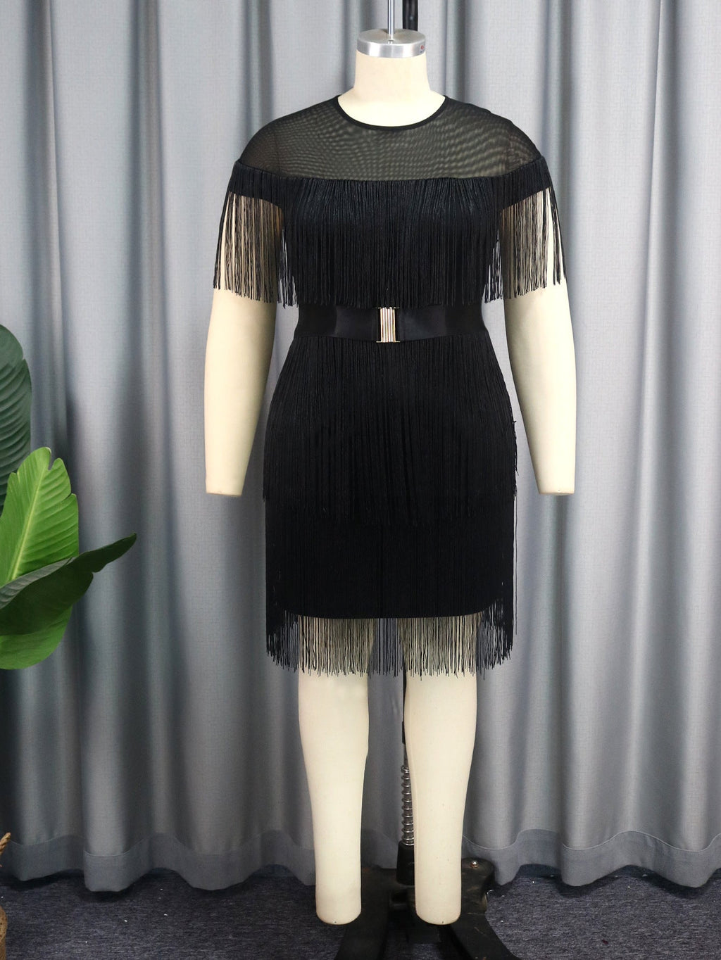Women Round Neck Tassel Sleeve with Belt Dress Elegant Office High Waist Slimming Women Wear Dress