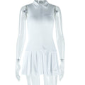 Women Clothing Solid Color Dress Sexy Sleeveless Collared Zipper Casual Pleated Dress