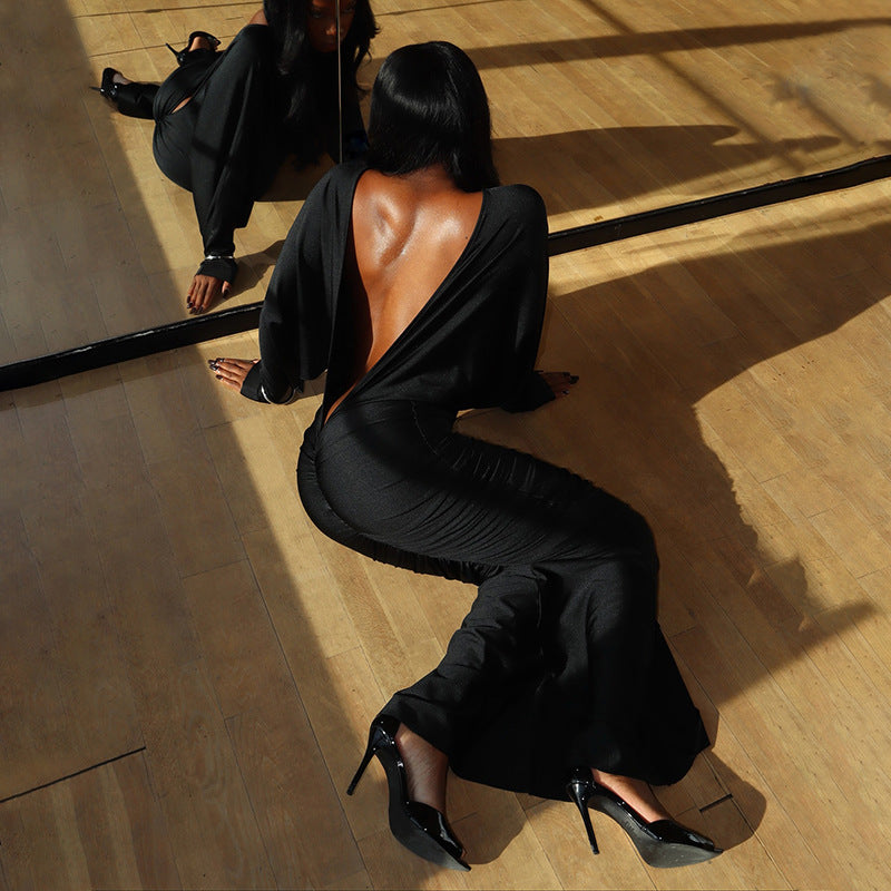 Women Clothing Autumn Winter Solid Color Elegant Casual Long Sleeve Deep V Plunge neck Backless Loose Maxi Dress