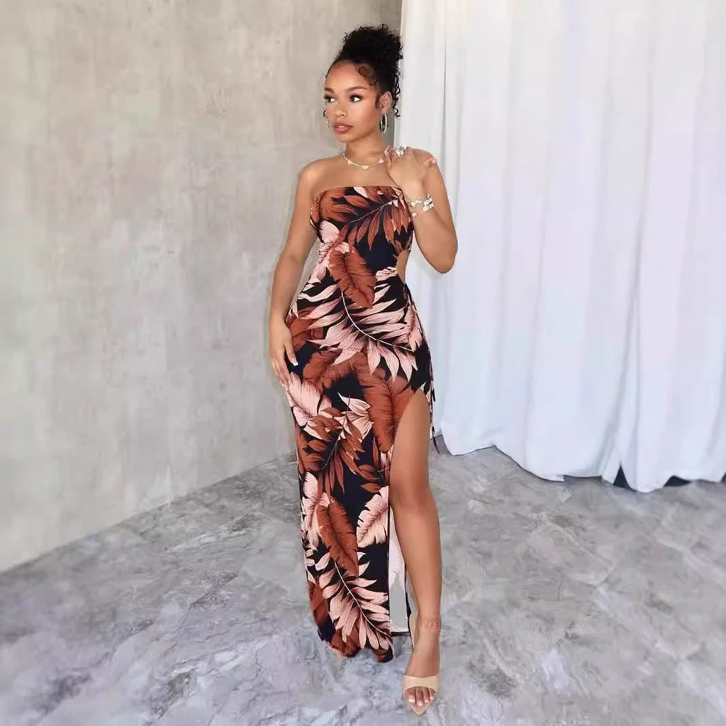 Strapless Flower Print High Slit Long Dress