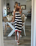 Dress Summer Striped V Neck Slit Hemline At Hem Casual Loose Dress
