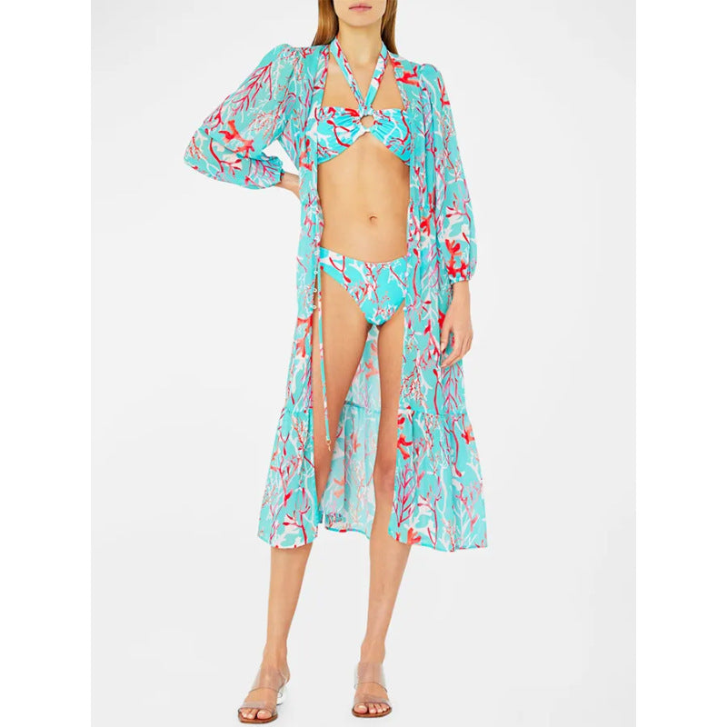 Split Three Piece Bikini Swimsuit Women Skinny Slimming Swimsuit Outfit Chiffon
