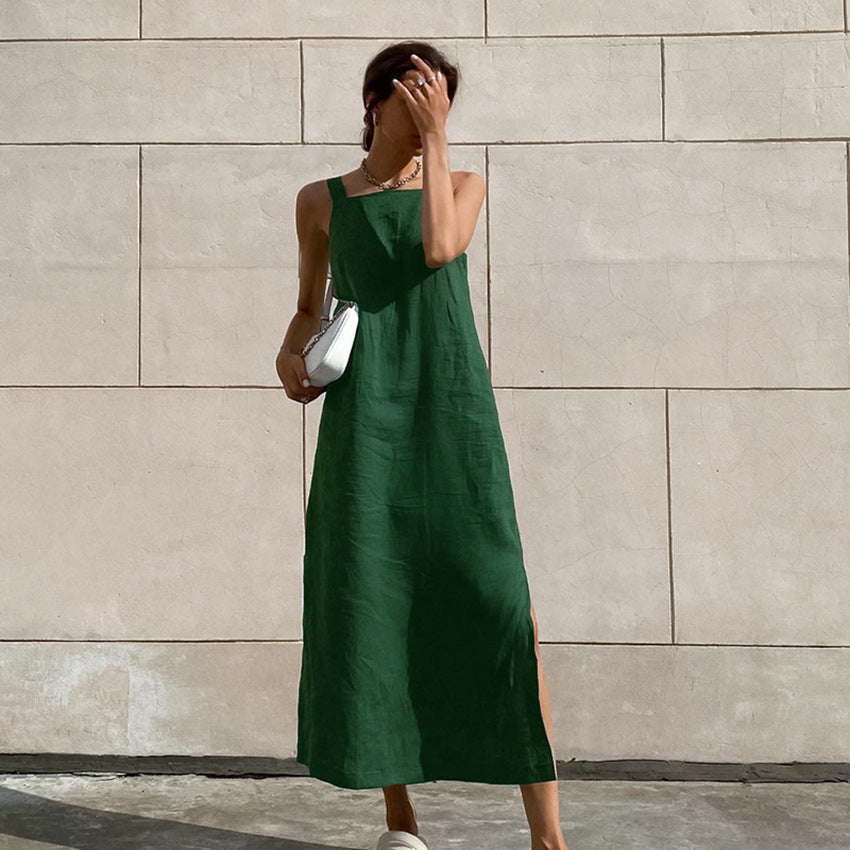 French Maxi Dress Cotton Linen Sleeveless Dress Women Summer Sexy Green Slit Straight Cami Dress