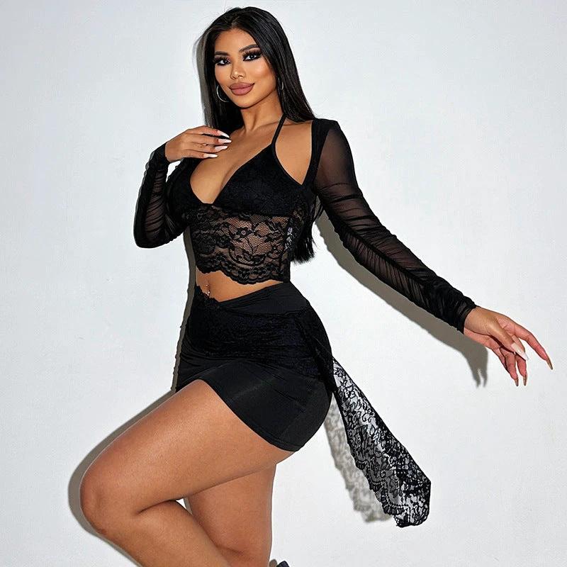 V-neck Lace Mesh Long Sleeve Cover and Cami Skirt Set