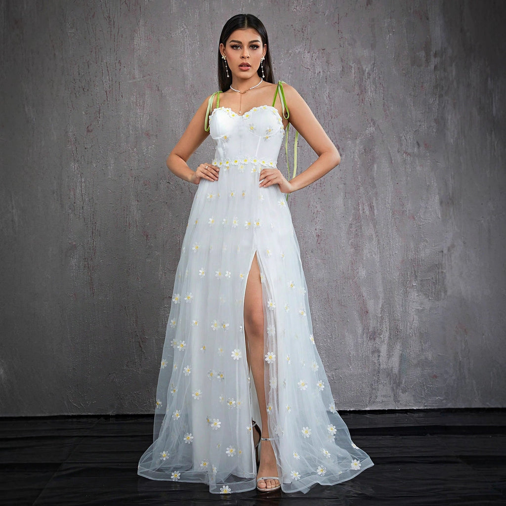 Suspender Tube Top Dress Slim Slit Evening Dress Floral Decoration Annual Meeting Adult Formal Dress
