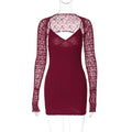 Sexy Lace Stitching Suspender Dress Pure Red Sexy Slim Fit V neck Socialite Dress