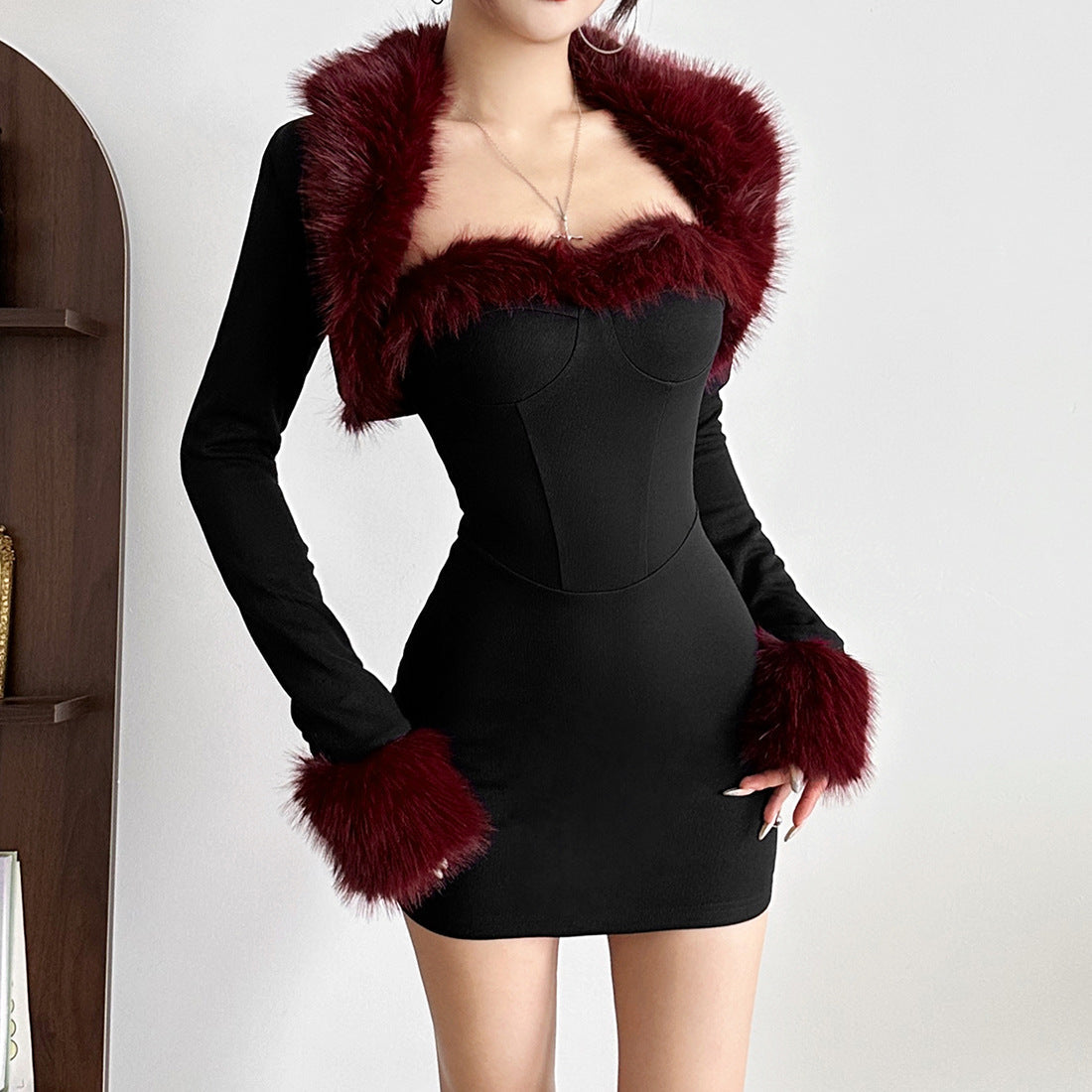 Autumn Winter Women Clothing Sexy Dignified Sense of Design Plush Stitching Long Sleeve Narrow Dress Set for Women