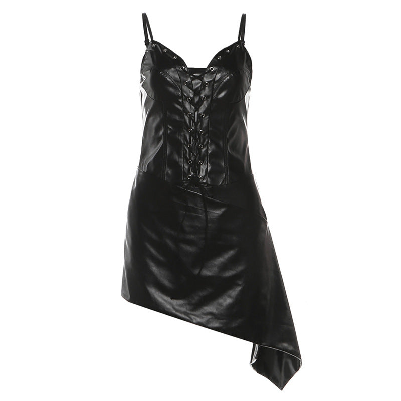 Autumn Winter Women Clothing Sexy Faux Leather Sling Backless Waist Trimming Knotted Short Dress