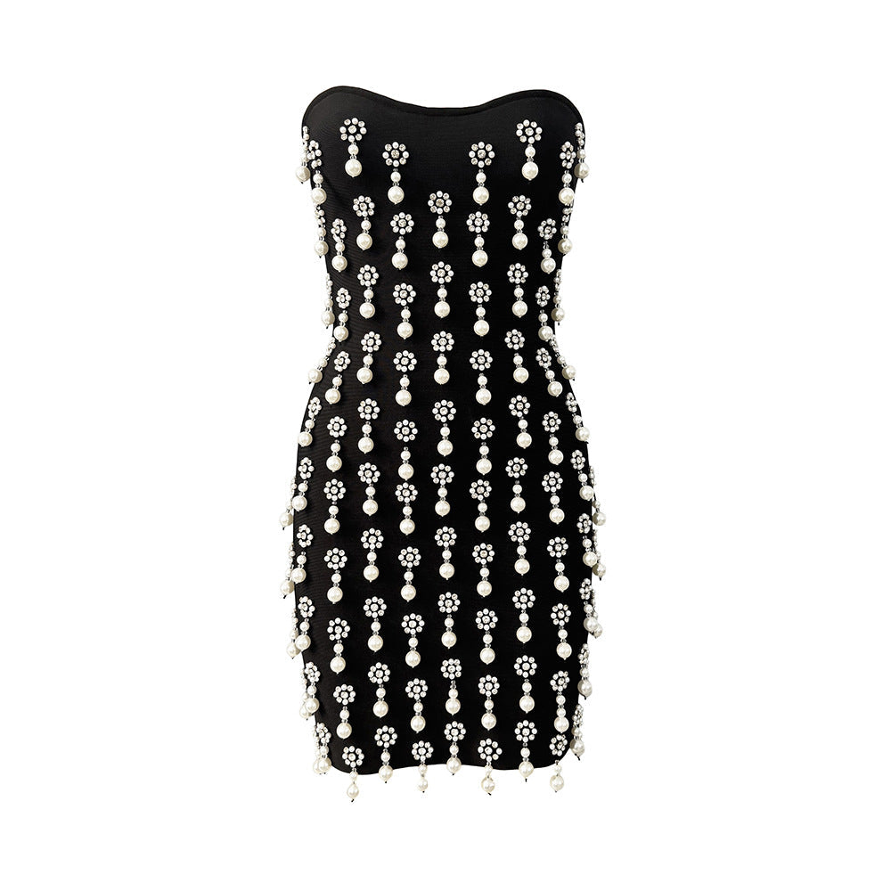 Sexy Tube Top Heavy Industry Beads Tassel Drilling Bandage One Piece Dress Cocktail Party Short Dress