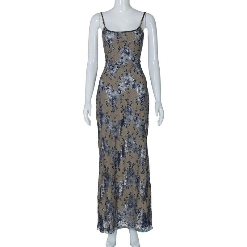 Fashion Dyed Printing Stitching Hollow Back Strap Elegant Style Long Dress Women