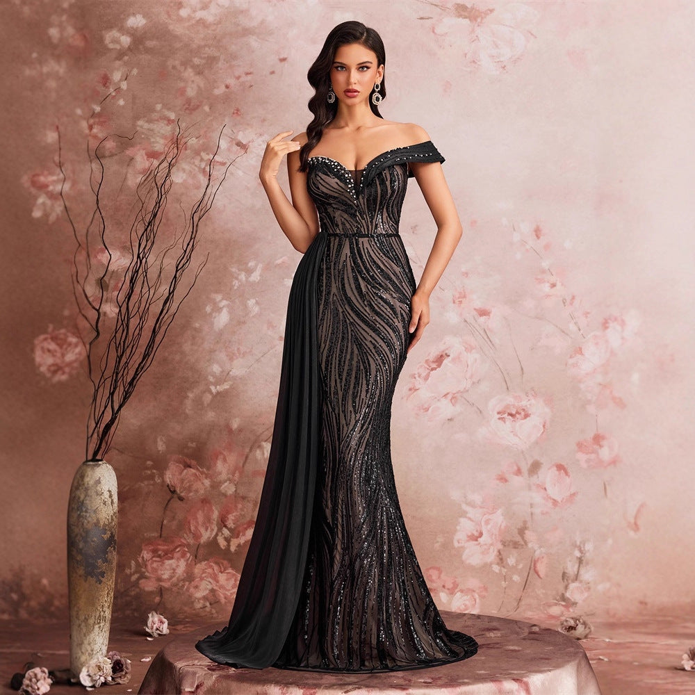 Elegant Sequin Stitching Fit V neck Deep V Plunge off the Shoulder Cocktail Party Dinner Dress Bridesmaid Dress Women