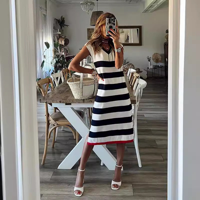 Dress Summer Striped V Neck Slit Hemline At Hem Casual Loose Dress