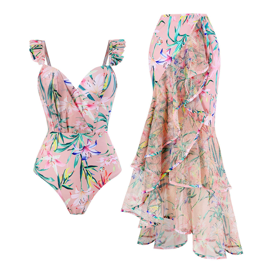 Siamese Conservative Flying Edge Covering Belly Thin Sexy Skirt Swimsuit Women Wrap Skirt Set