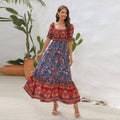 Bohemian Beach Holiday Dress off Shoulder Puff Sleeve Floral Mid Length Dress