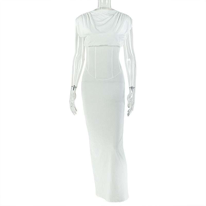 Solid Color Slim Fit Women One Step Hip Dress round Neck Pleated Tight Waist Back Slit Dress