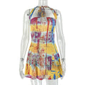 Color Matching Women Printed Wear Tight Waist Slimming A line Dress Street Hanging Collar Short Sleeveless Dress Tide