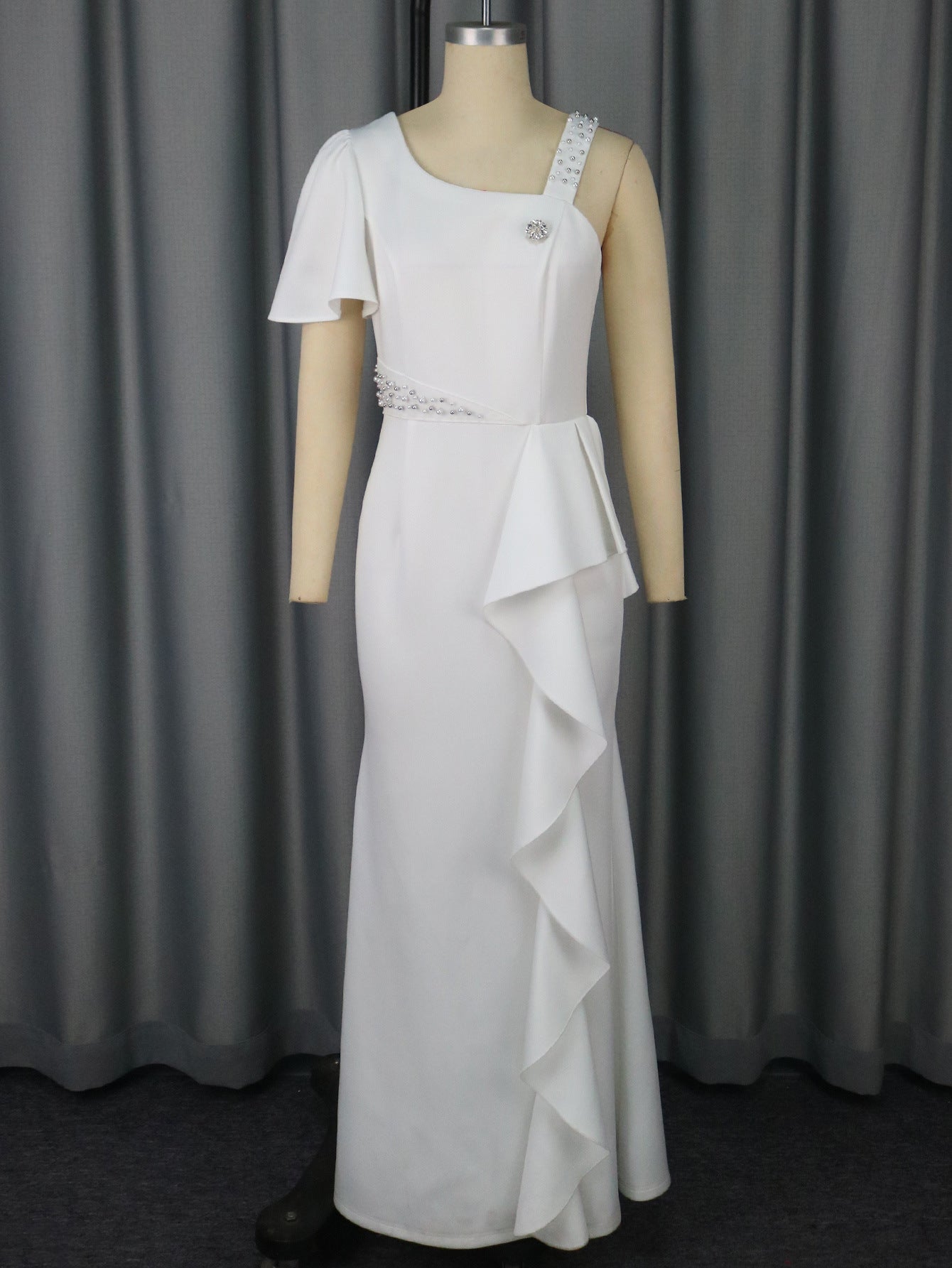 Unique One Shoulder Beaded Sling Party Dress Lotus Lining Cocktail Sheath Dress