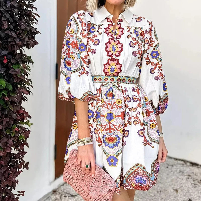Spring Women Clothing V neck Lantern Sleeve Printed Waist Slimming Dress