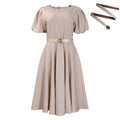 Women Clothing Round Neck Elegant Waist Controlled Large Hem Puff Sleeve A Line Dress