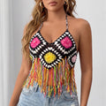 Women Clothing Random Mixed Color Stitching Tassel Pure Hand Crocheting Bandage Beach Bikini Top