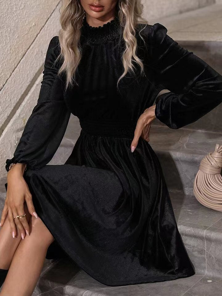 Autumn Winter Women Clothing Velvet Long Sleeves Dress Solid Color Slim Dress