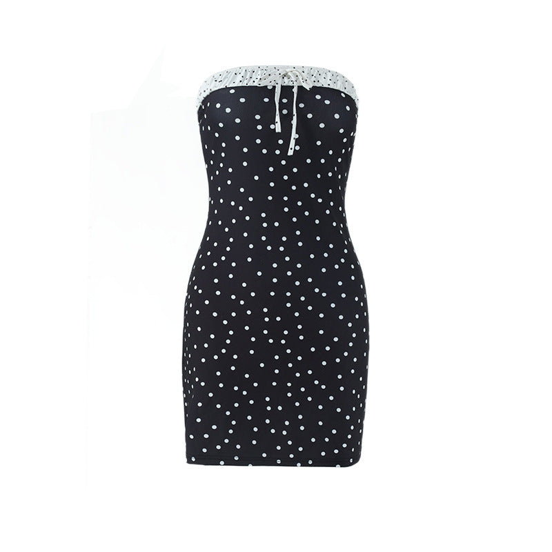 Sexy Women Dress Wrapped Chest Pleated Polka Dot Color Contrast Patchwork Slim Dress