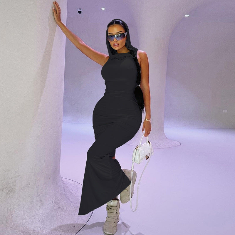 Summer Women Clothing Solid Color Hooded Sleeveless Sheath Split Dress Women