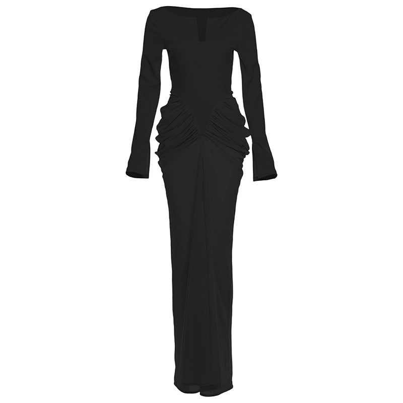 Autumn Winter Women Clothing Colorblock Slim Pleated Long Sleeve Elegant Dress
