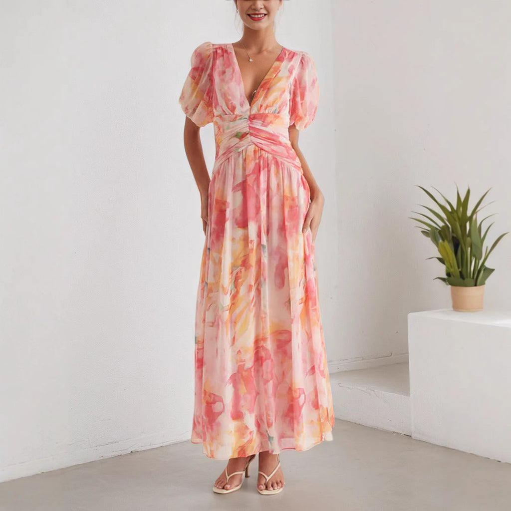 Women Clothing Vacation Chiffon Dress V neck Short Sleeve Zipper High Waist Print Dress