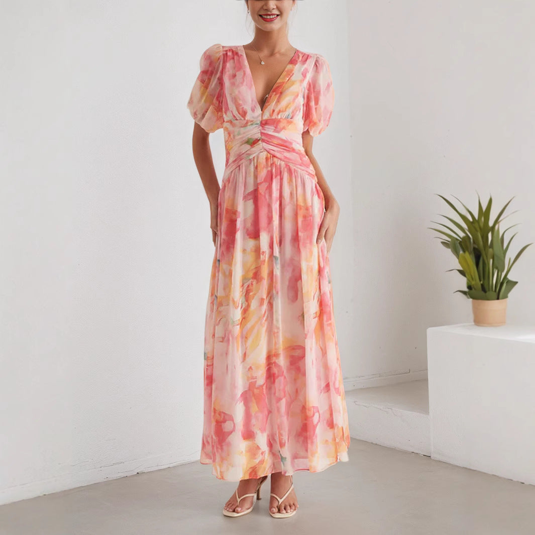 Women Clothing Vacation Chiffon Dress V neck Short Sleeve Zipper High Waist Print Dress