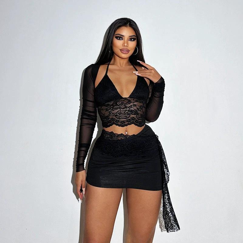 V-neck Lace Mesh Long Sleeve Cover and Cami Skirt Set