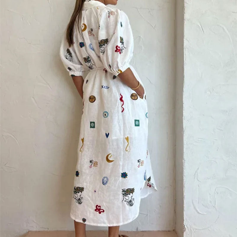Autumn Winter Women Clothing Trend outside Pattern Print Collared Long Waist Controlled Lace Up Shirt Dress Women Amplified craft