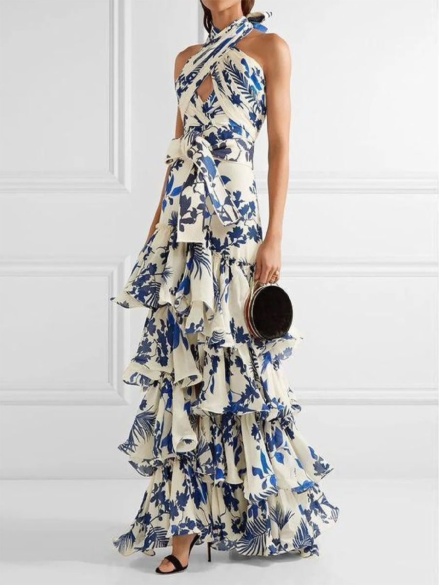 Summer Bohemian Holiday Lace up Lolita Large Swing Dress Printed Dress