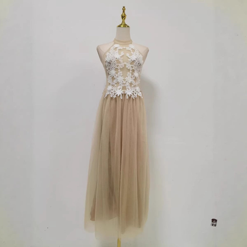 Summer Elegant Retro Halter Dress Waist Slimming Patchwork Craft Solid Color Tulle Dress