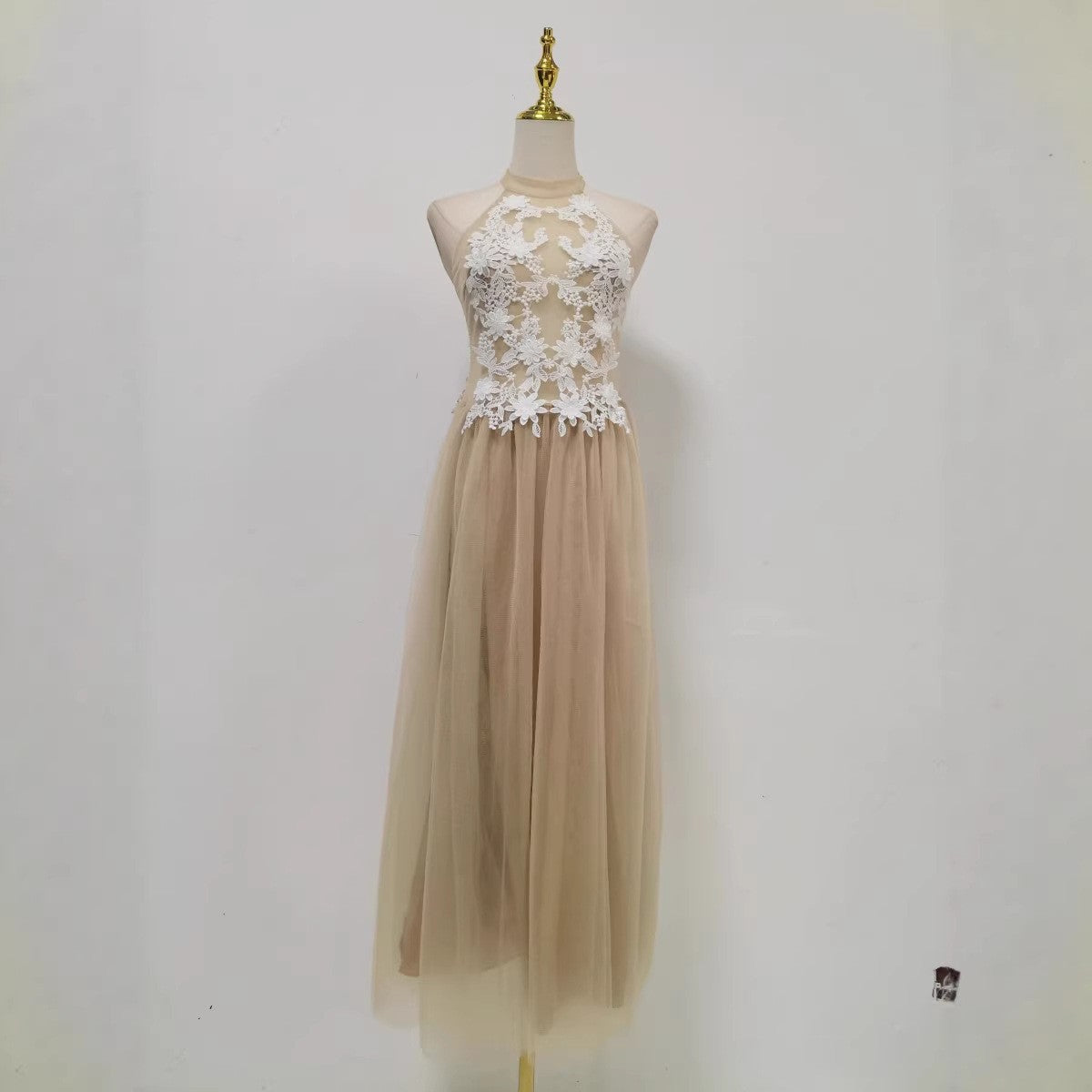 Summer Elegant Retro Halter Dress Waist Slimming Patchwork Craft Solid Color Tulle Dress